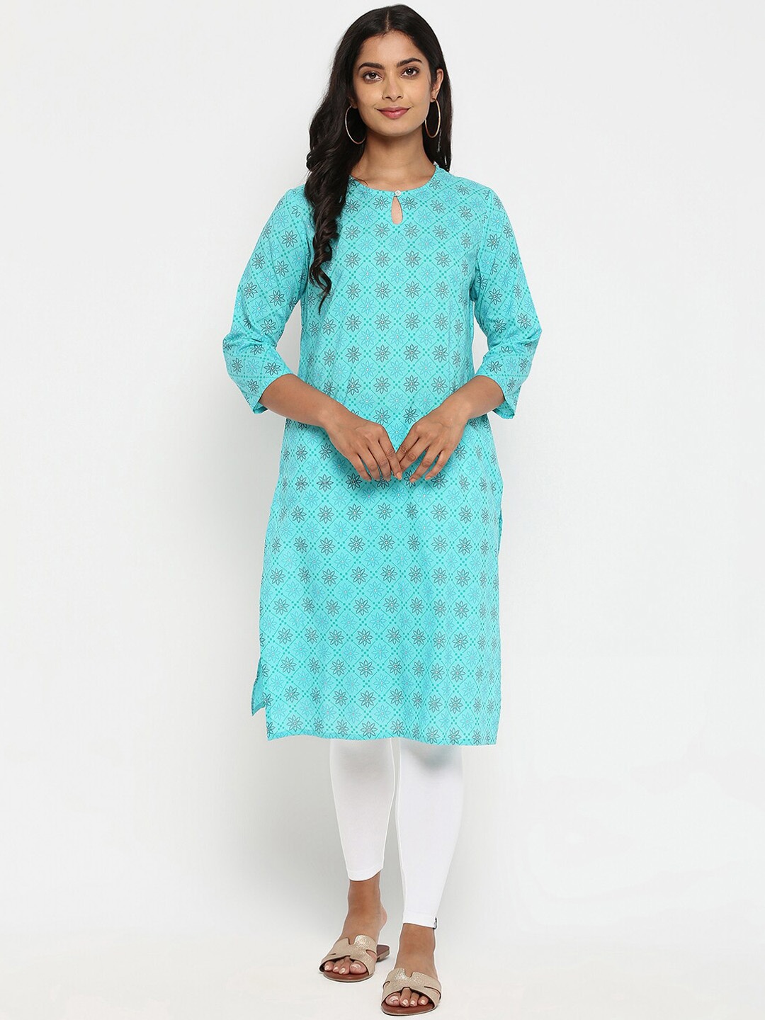 

R&B Women Blue Ethnic Motifs Keyhole Neck Kurta