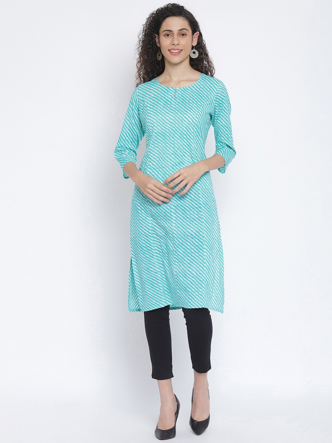 

R&B Women Blue Printed Keyhole Neck Kurta