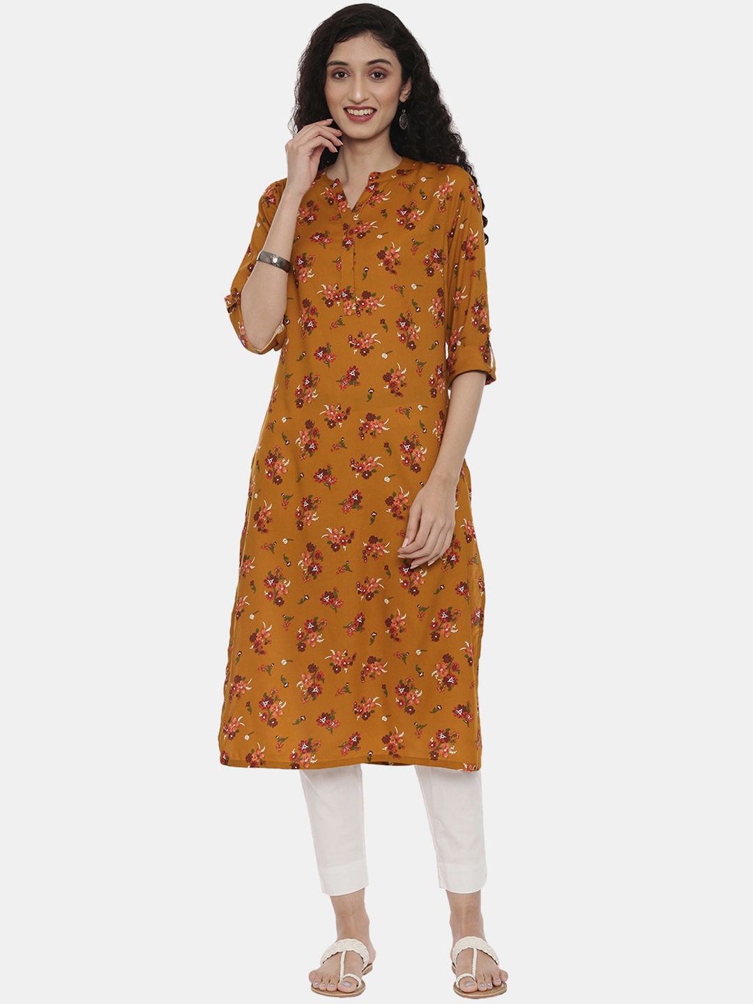 

R&B Women Yellow Floral Embellished Flared Sleeves Thread Work Kurta