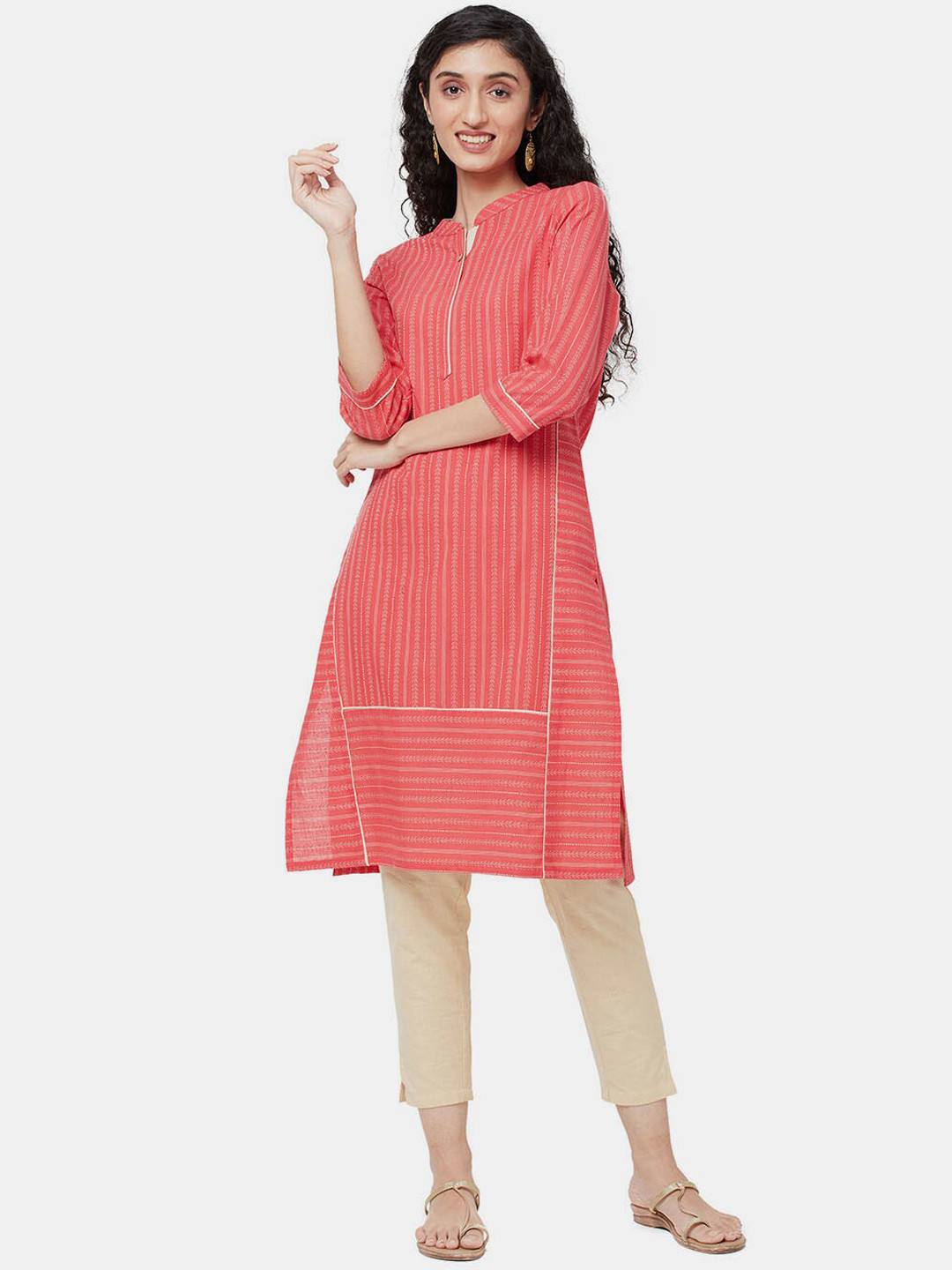 

R&B Women Red Striped Thread Work Kurta