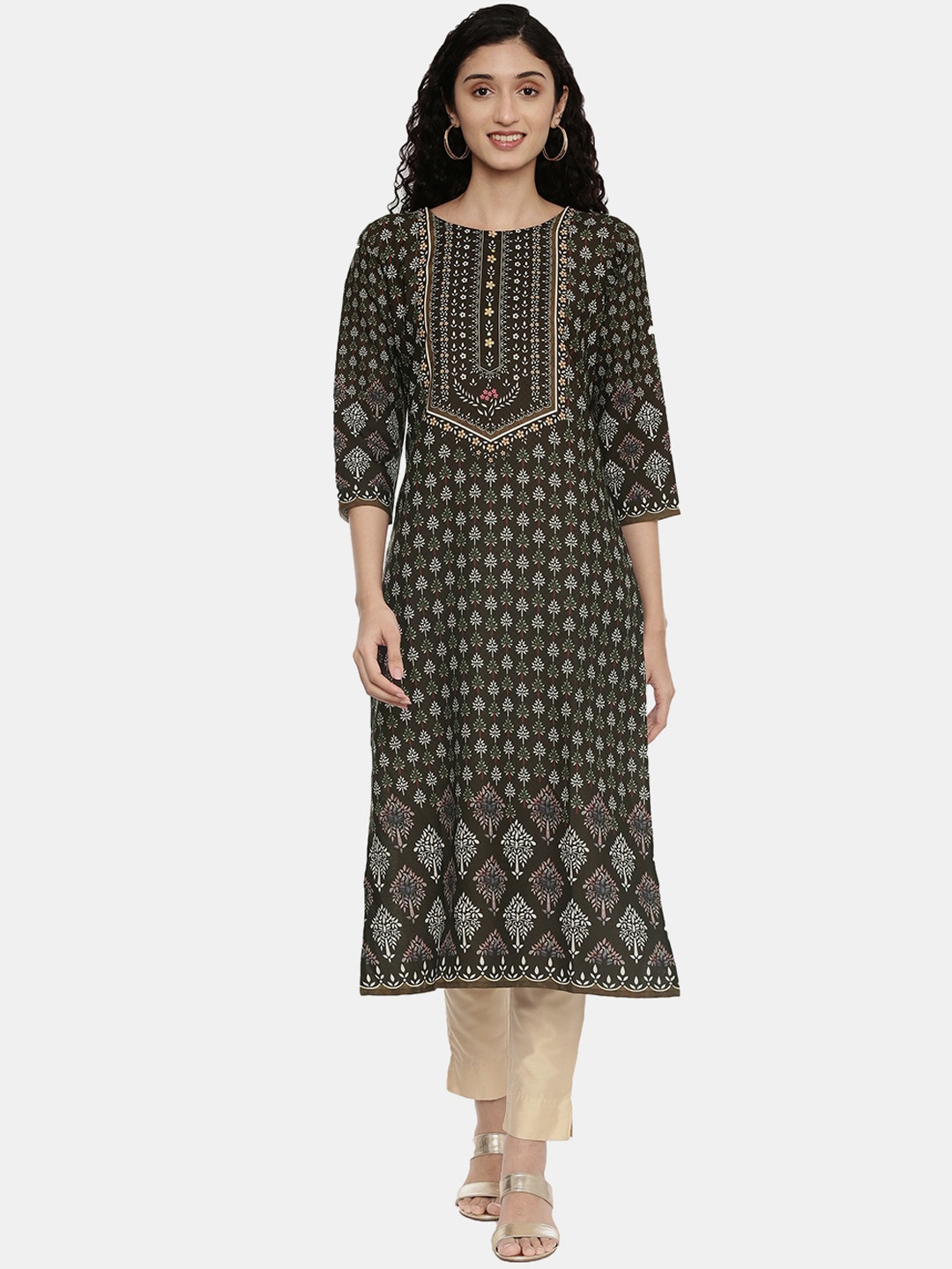 

R&B Women Olive Green & Off-White Ethnic Motifs Printed Cotton Kurta