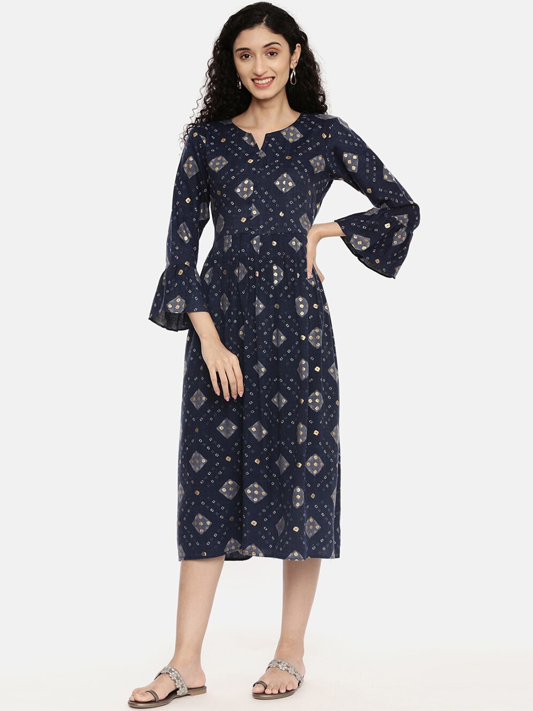 

R&B Women Blue Ethnic Motifs Printed Flared Sleeves Thread Work Kurta