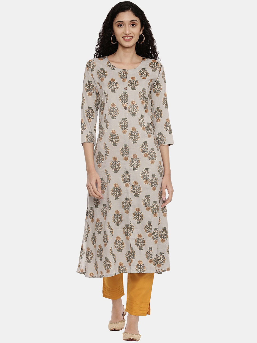 

R&B Women Grey & Mustard Yellow Ethnic Motifs Printed Kurta