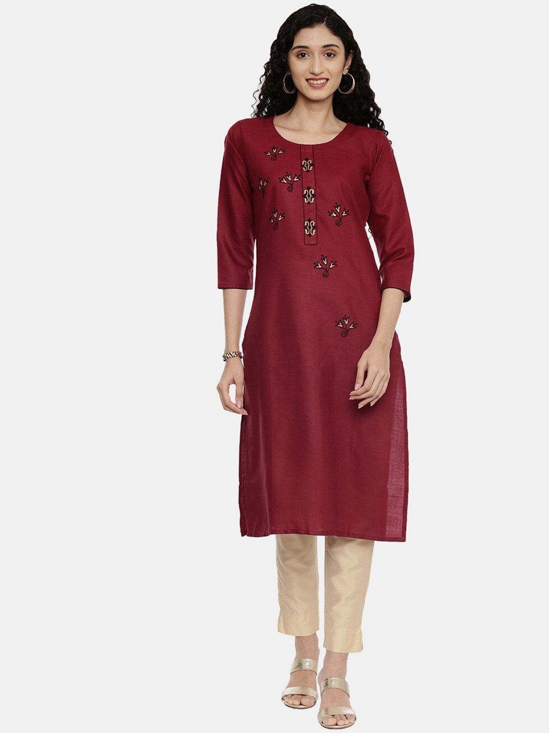 

R&B Women Maroon Thread Work Cotton Straight Kurta