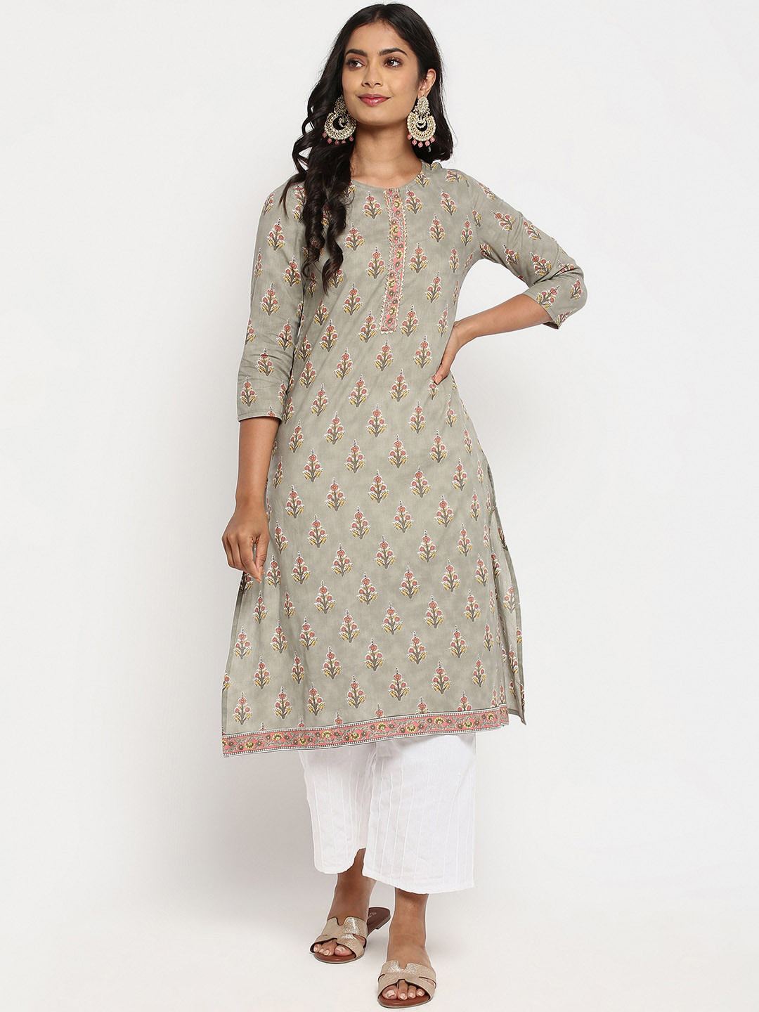 

R&B Women Grey & Peach-Coloured Ethnic Motifs Printed Cotton A-line Kurta