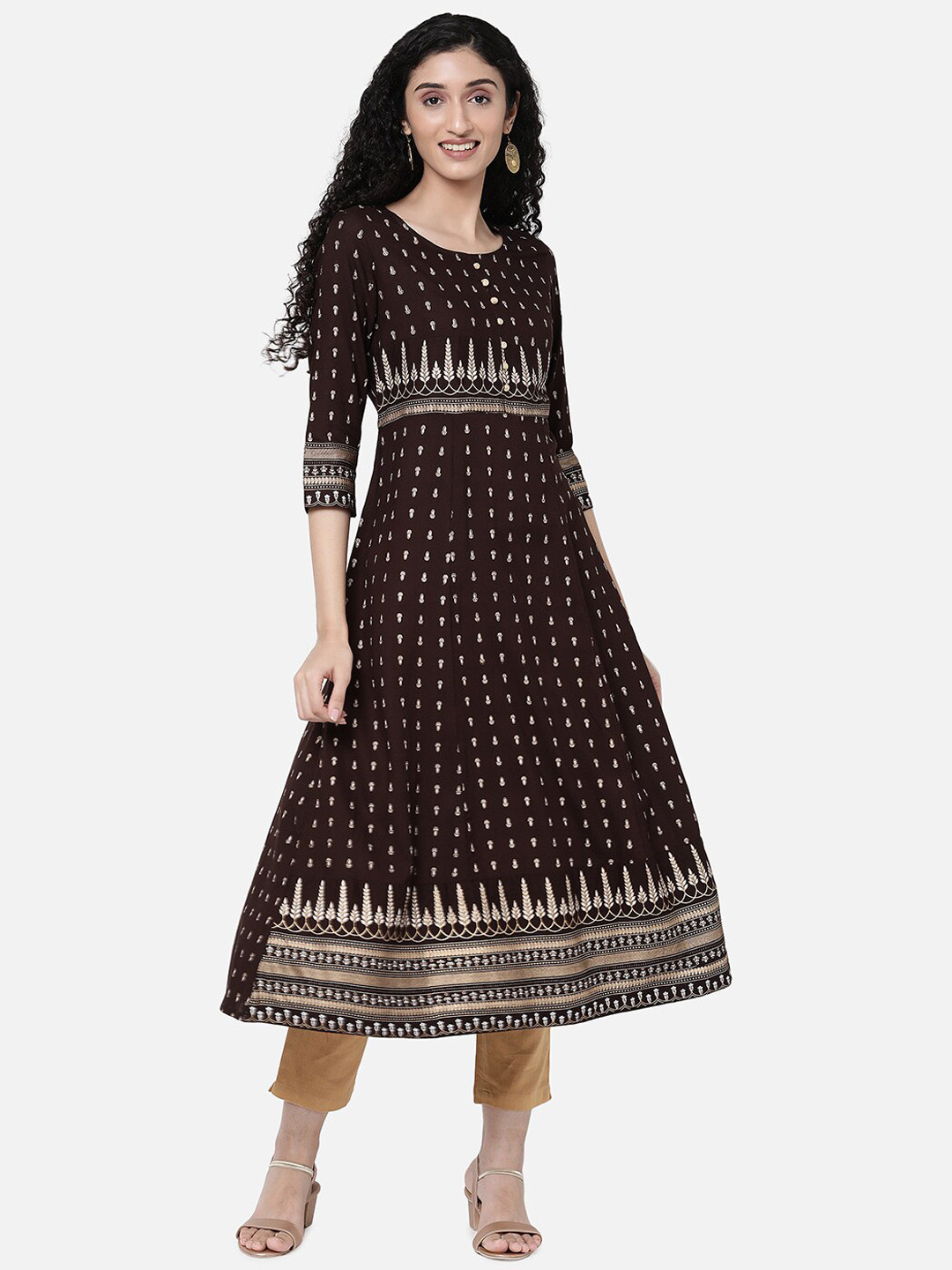 

R&B Women Brown Ethnic Motifs Printed Thread Work Anarkali Kurta