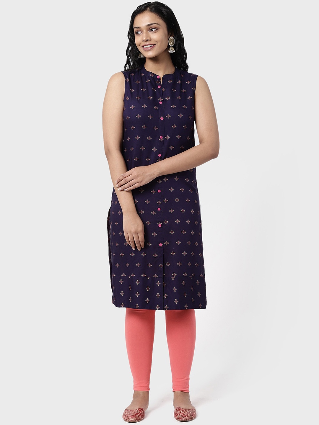 

R&B Women Navy Blue & Pink Ethnic Motifs Printed Straight Kurta