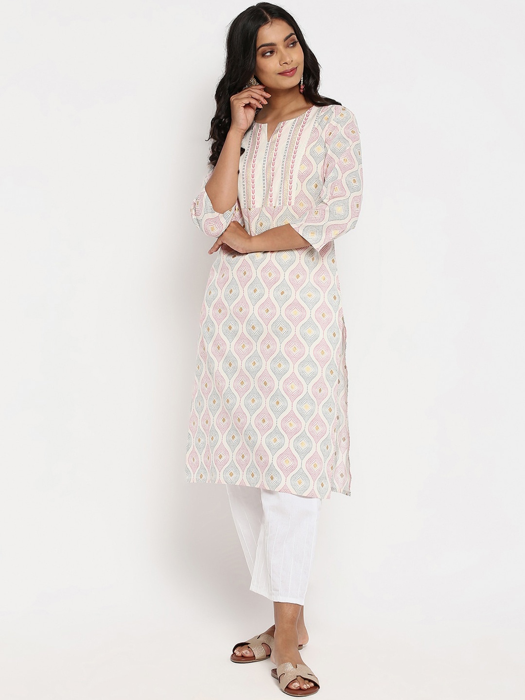 

R&B Women White Geometric Printed Cotton Kurta