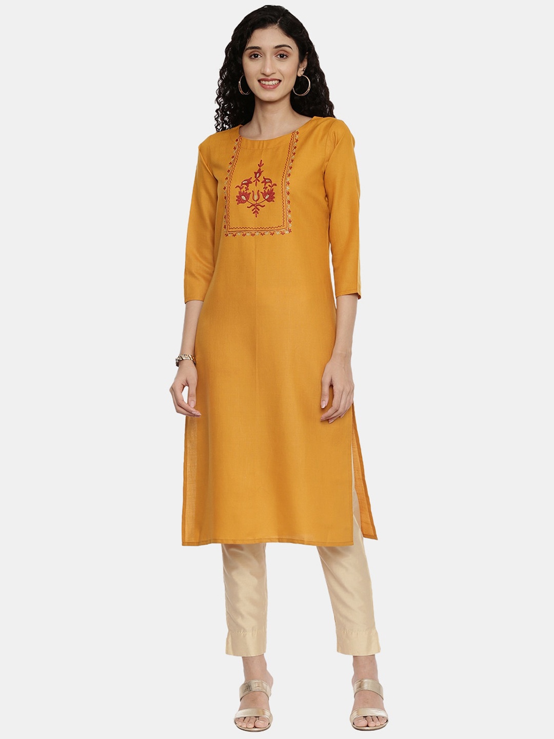 

R&B Women Yellow Ethnic Motifs Yoke Design Thread Work Cotton Kurta