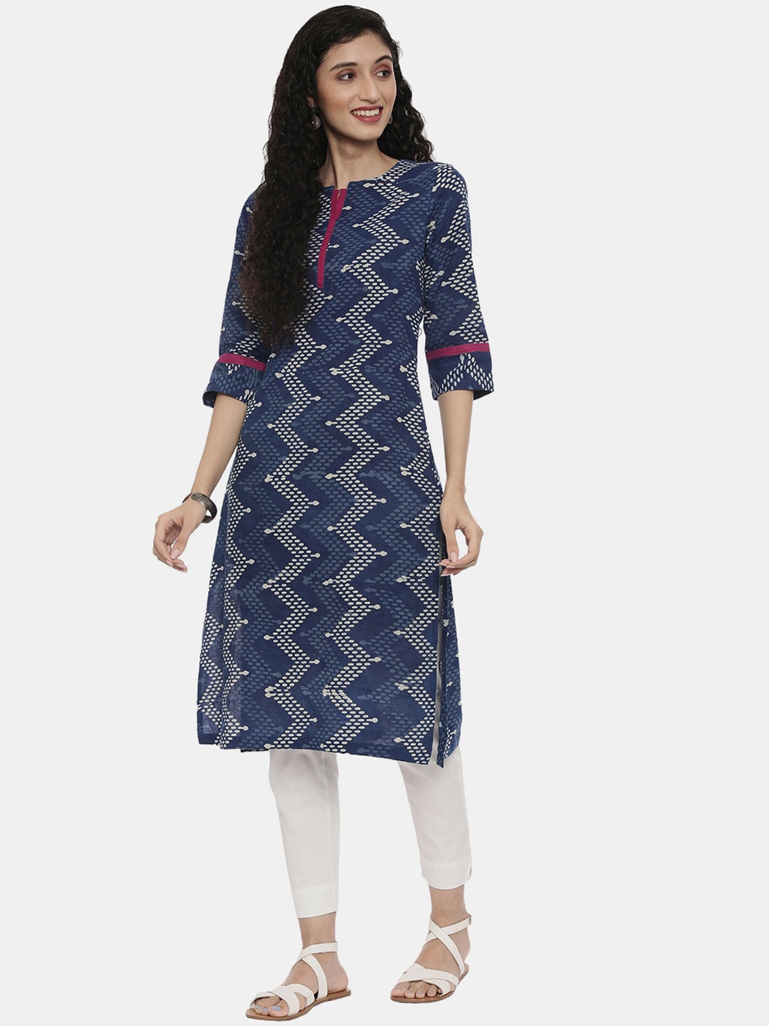 

R&B Women Navy Blue Geometric Checked Kurta