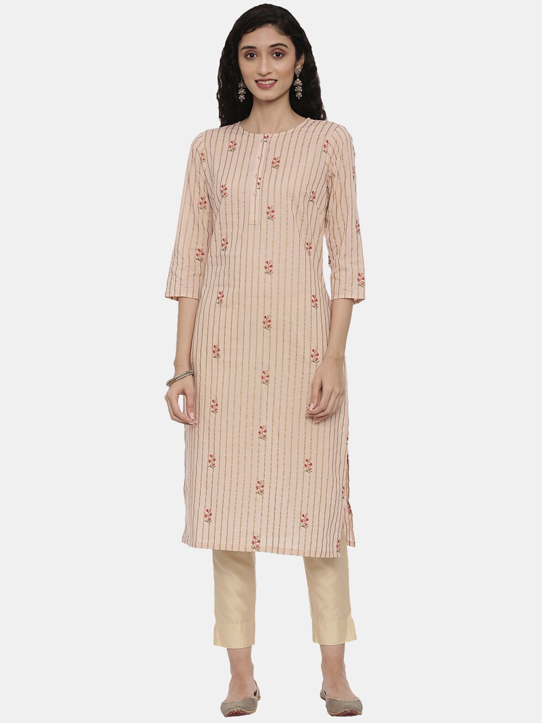 

R&B Women Pink Striped Flared Sleeves Thread Work Kurta