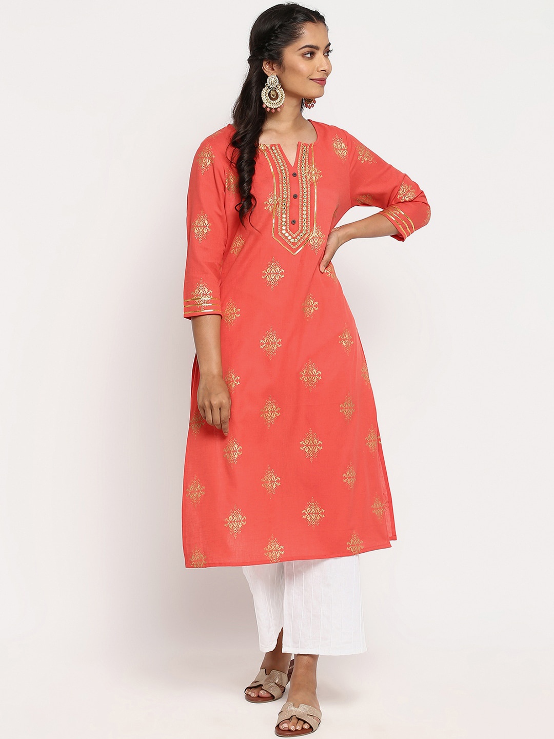 

R&B Women Peach-Coloured Ethnic Motifs Printed Keyhole Neck Thread Work Kurta