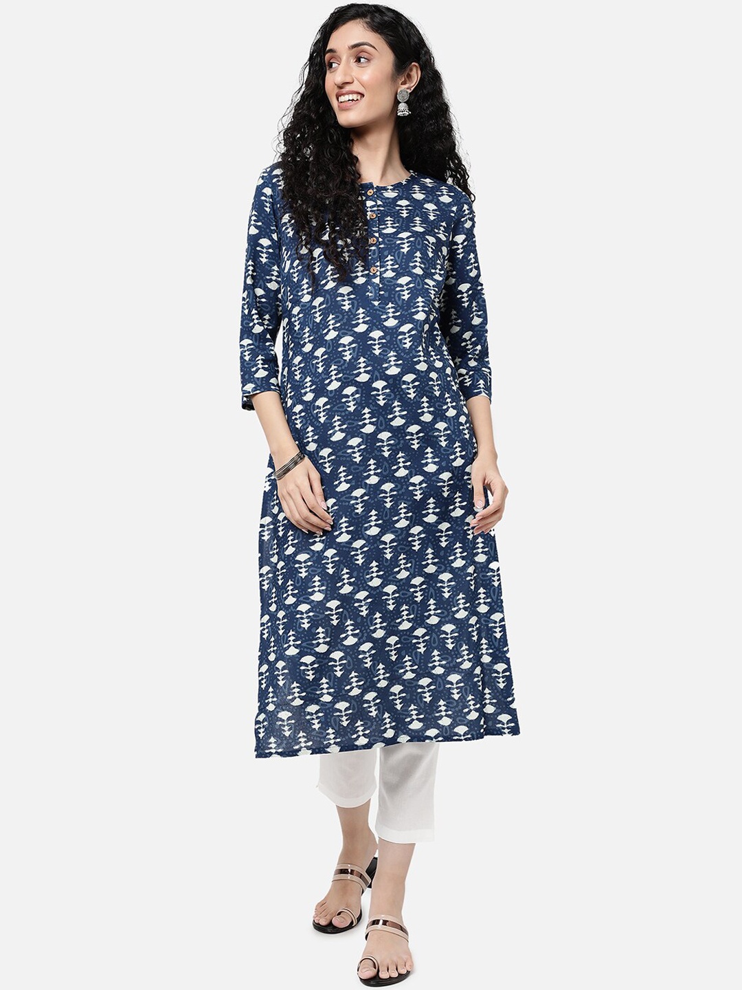 

R&B Women Navy Blue & White Ethnic Motifs Printed Kurta