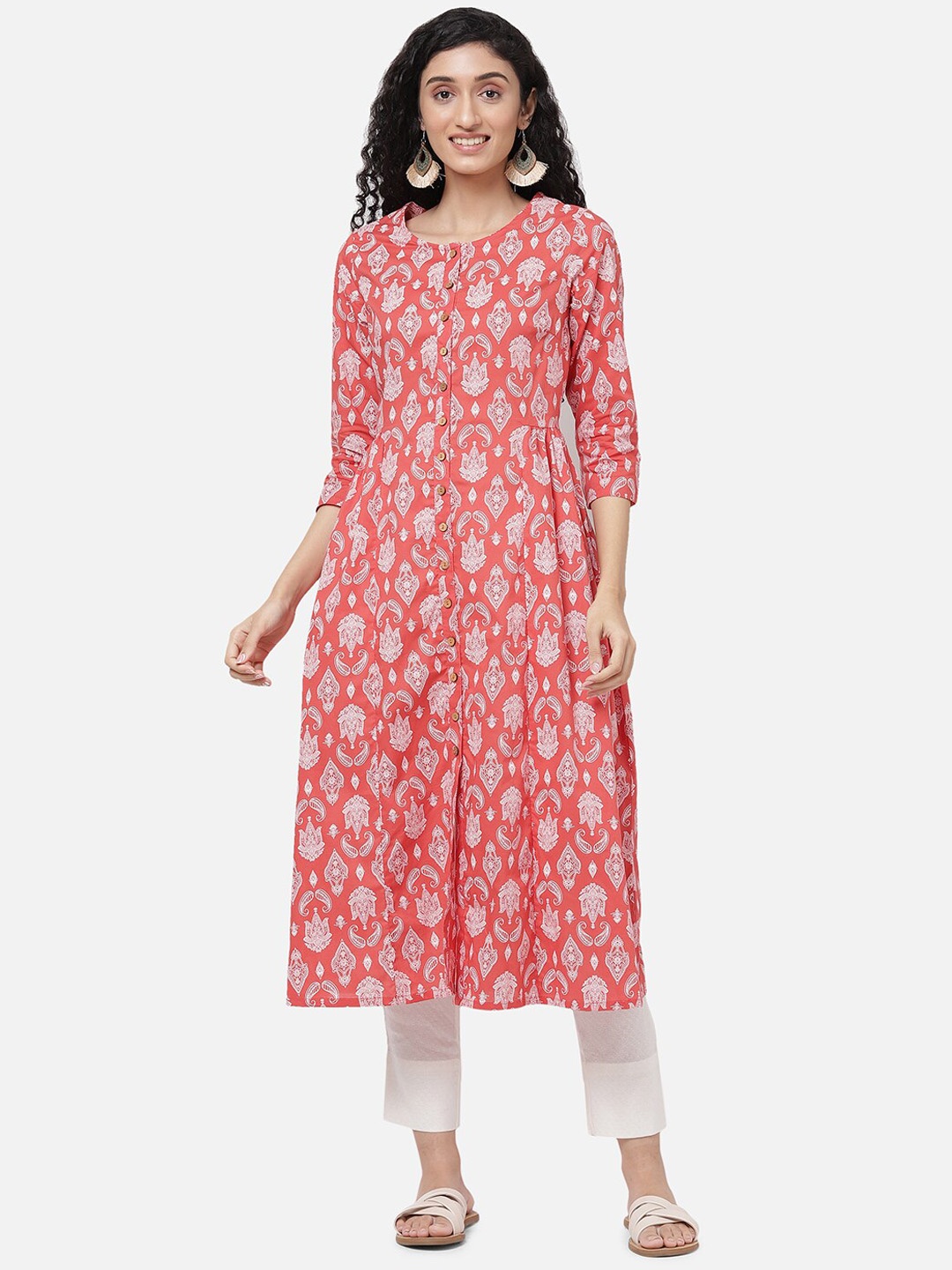 

R&B Women Pink & Rose Ethnic Motifs Printed Flared Sleeves Thread Work Kurta