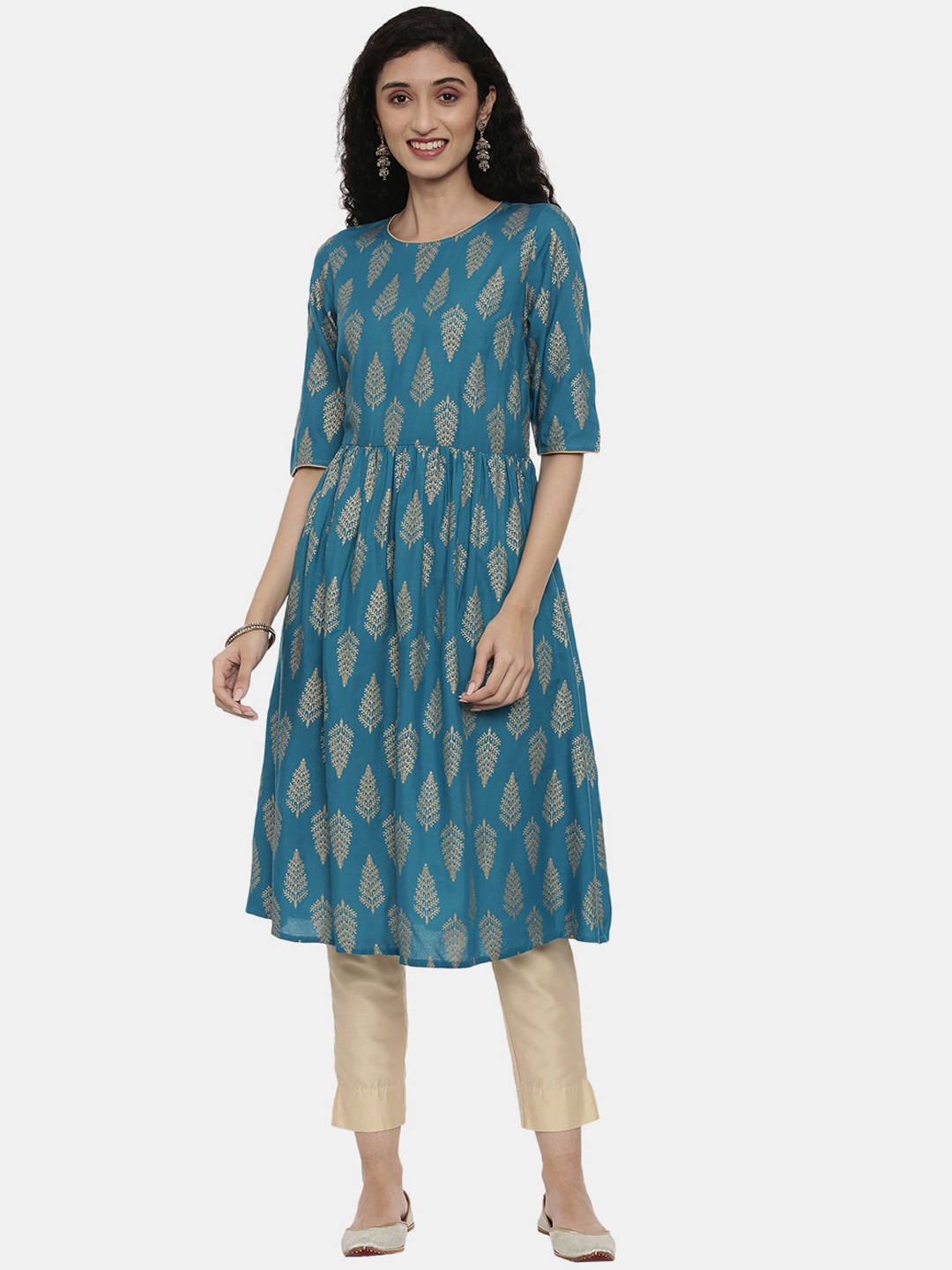 

R&B Women Turquoise Blue & Gold-Toned Ethnic Motifs Printed Anarkali Kurta