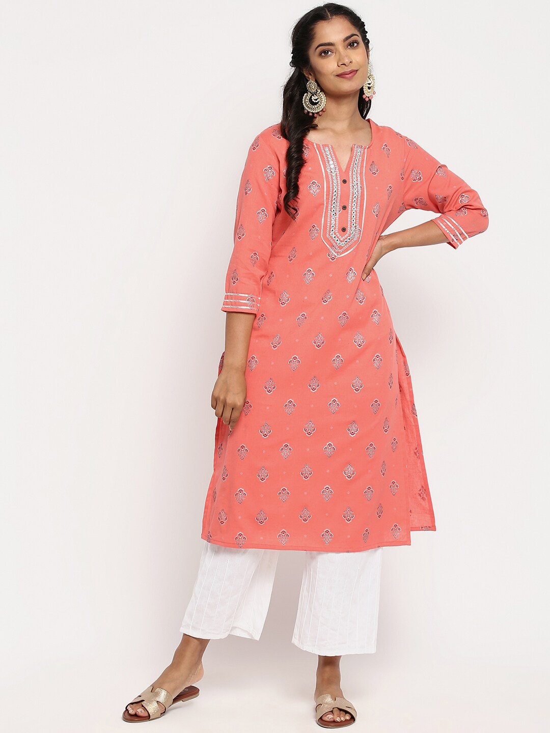 

R&B Women Peach-Coloured Embroidered Thread Work Kurta