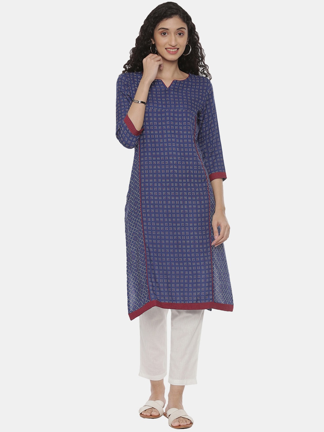 

R&B Women Blue & White Geometric Printed Cotton A-line Kurta