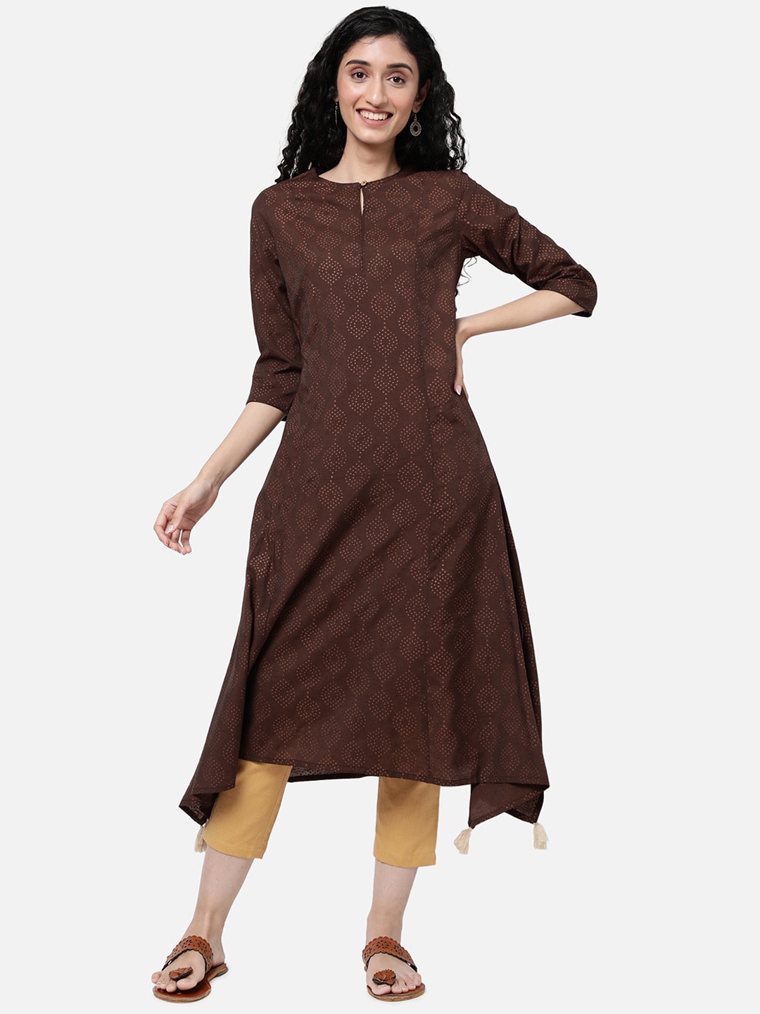 

R&B Women Brown Ethnic Motifs Printed Keyhole Neck A-Line Kurta