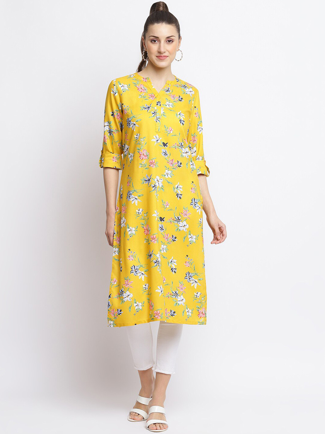 

R&B Women Yellow Floral Printed Kurta