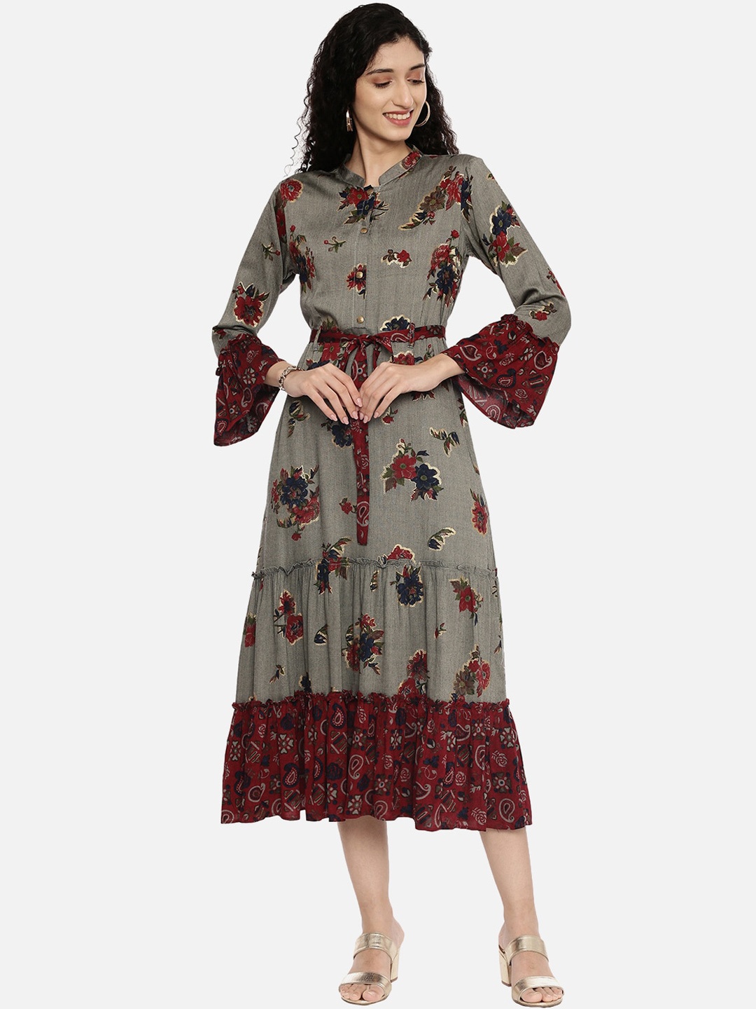 

R&B Maroon & Grey Floral Ethnic A-Line Midi Dress