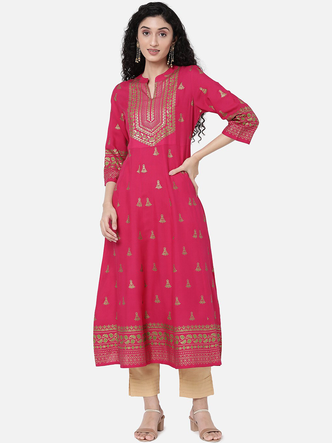 

R&B Women Red & Gold-Toned Ethnic Motifs Printed Kurta