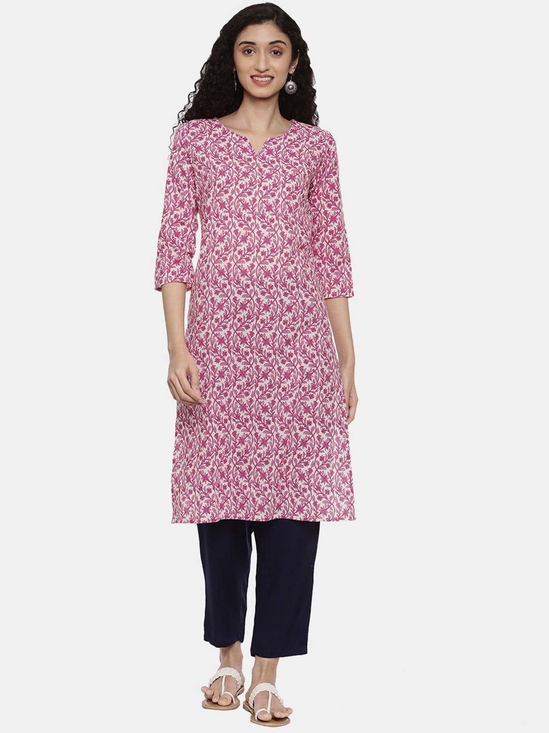 

R&B Women Pink & White Floral Printed Kurta