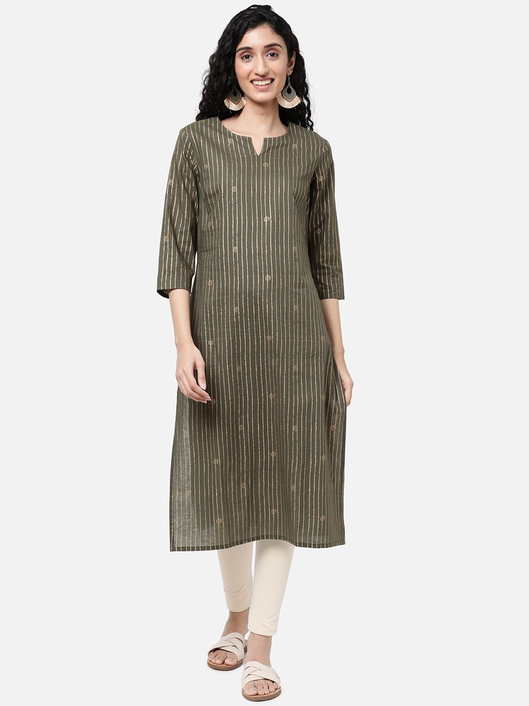 

R&B Women Olive Green & Gold-Toned Striped Cotton Kurta