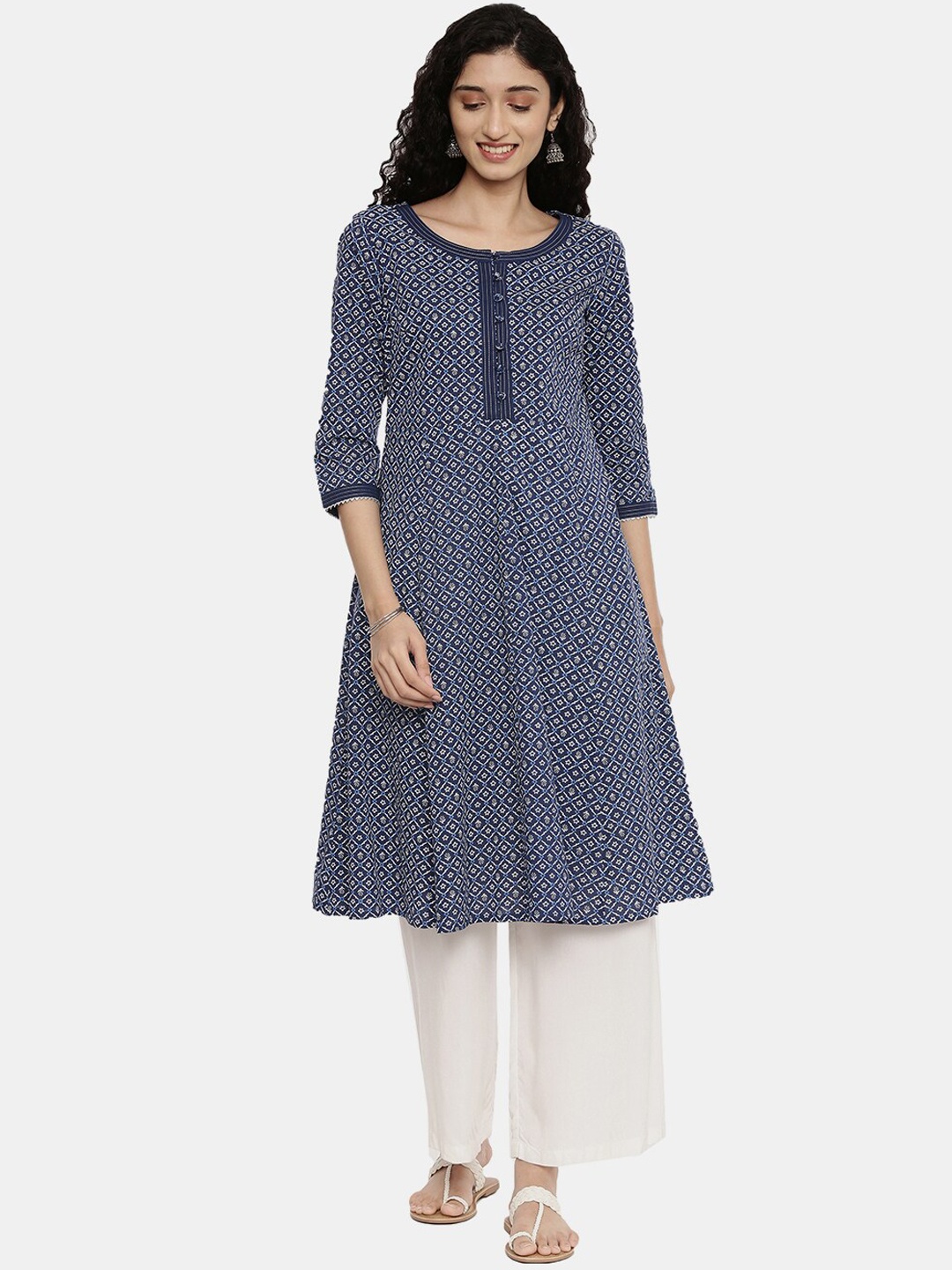 

R&B Women Navy Blue Geometric Checked Print Kurta