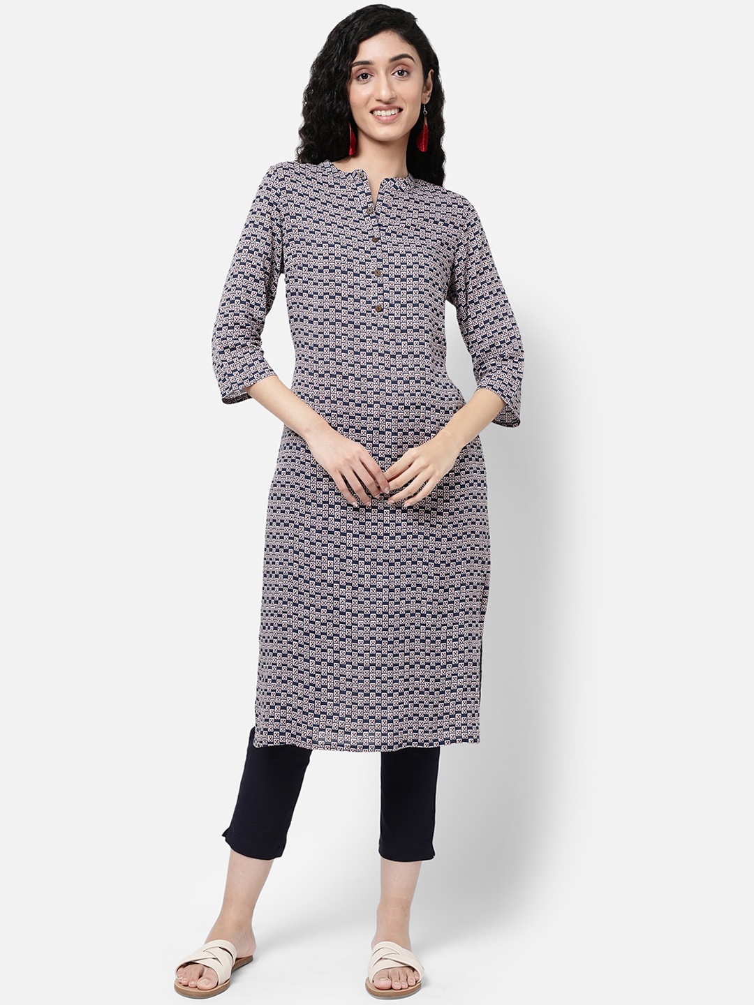 

R&B Women Blue & White Geometric Printed Cotton Kurta