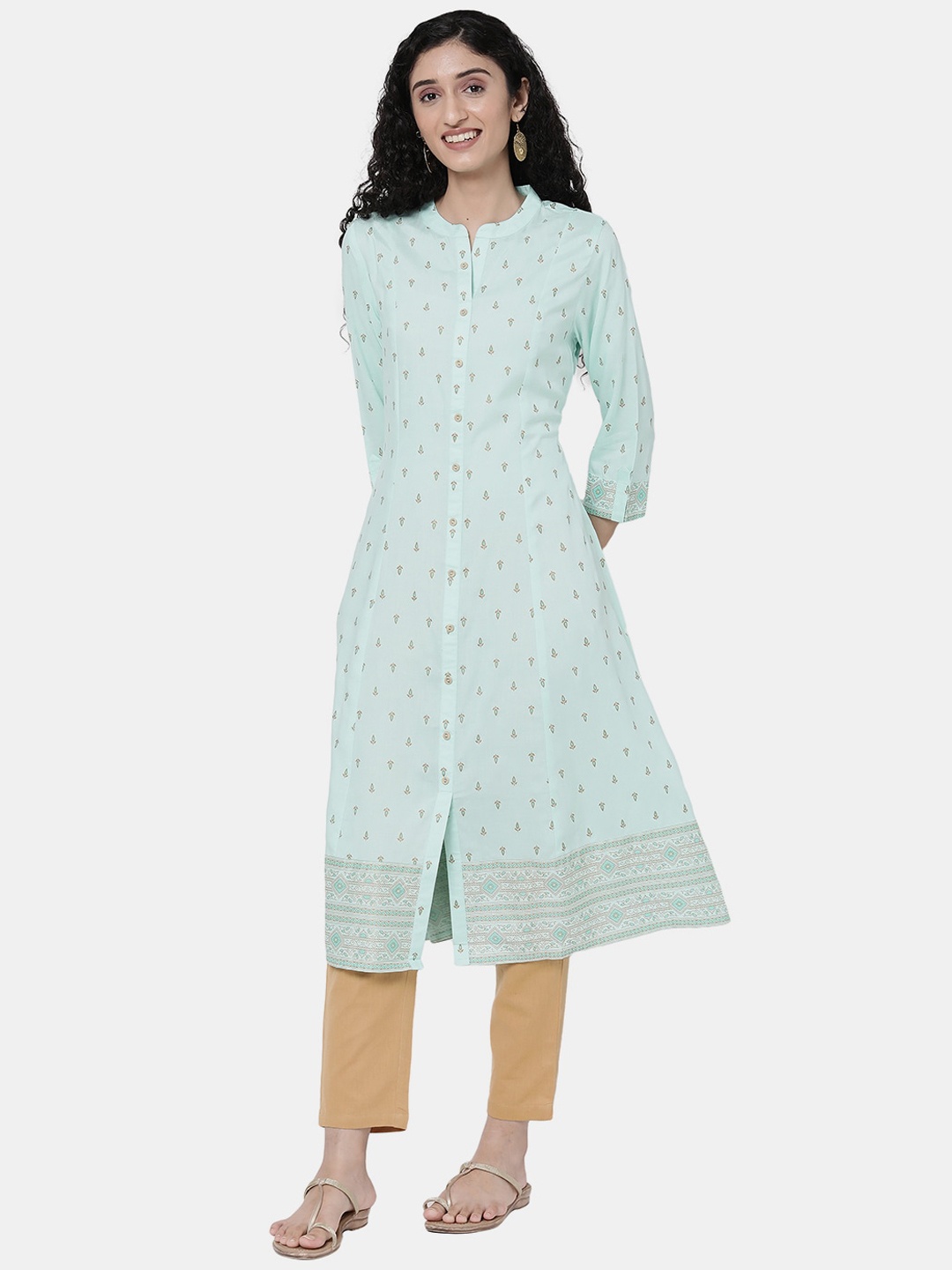 

R&B Women Green & Mustard Yellow Floral Thread Work Anarkali Kurta