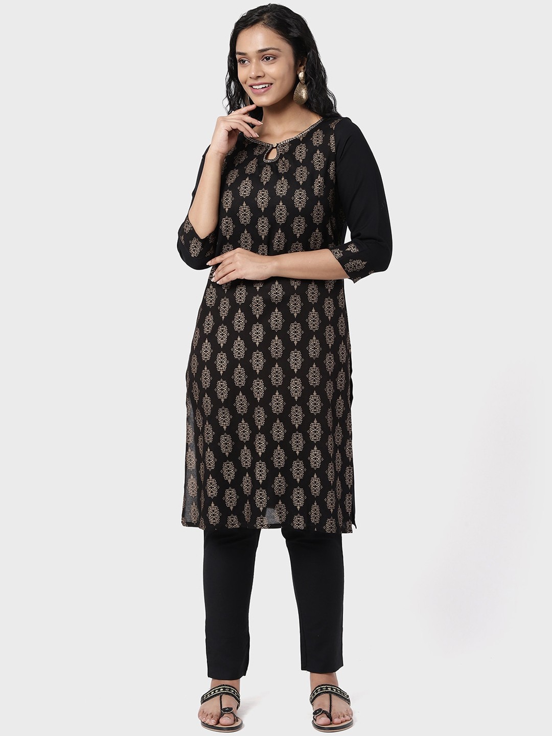 

R&B Women Black Ethnic Motifs Keyhole Neck Flared Sleeves Kurta