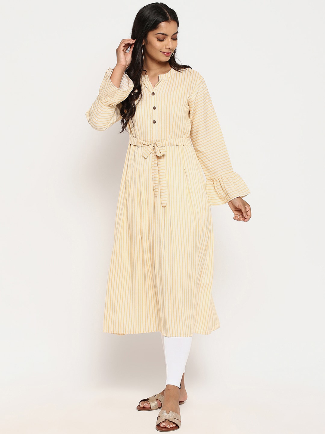 

R&B Women Yellow Striped Bell Sleeves Kurta