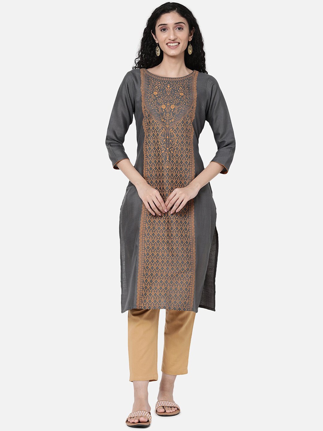 

R&B Women Grey & Orange Thread Work Kurta