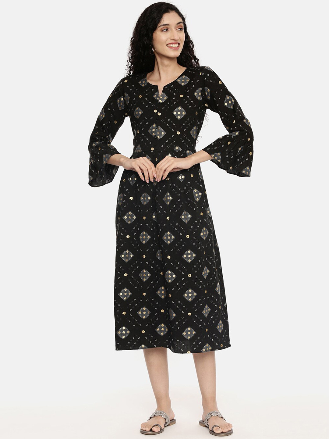 

R&B Women Black Floral Printed Flared Sleeves Thread Work Kurta