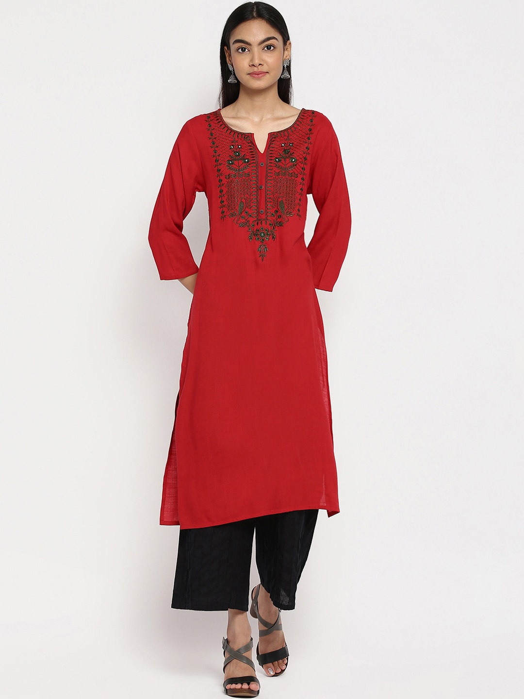 

R&B Women Red Geometric Yoke Design Thread Work Kurta