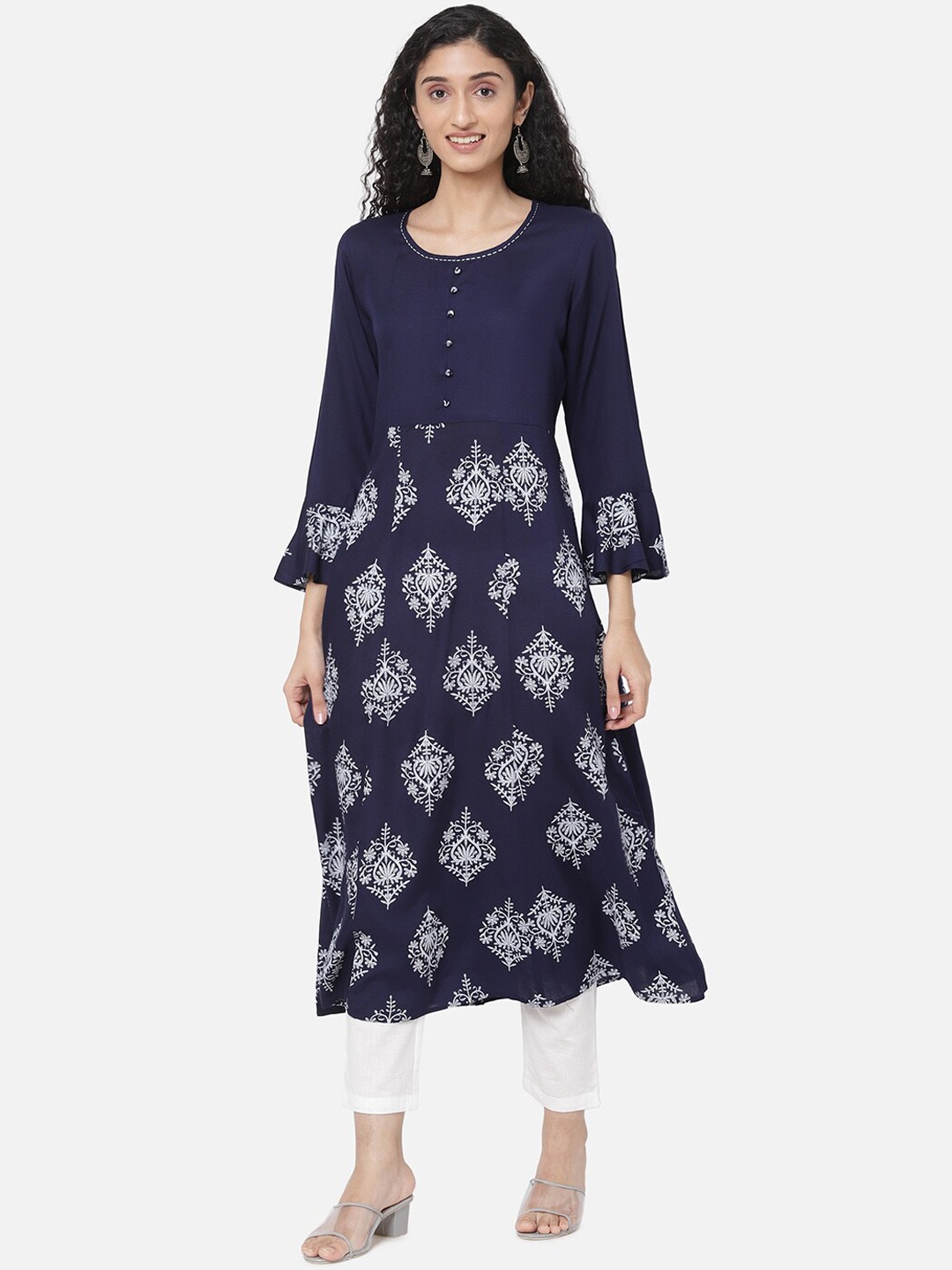 

R&B Women Navy Blue & White Ethnic Motifs Printed Flared Sleeves Anarkali Kurta