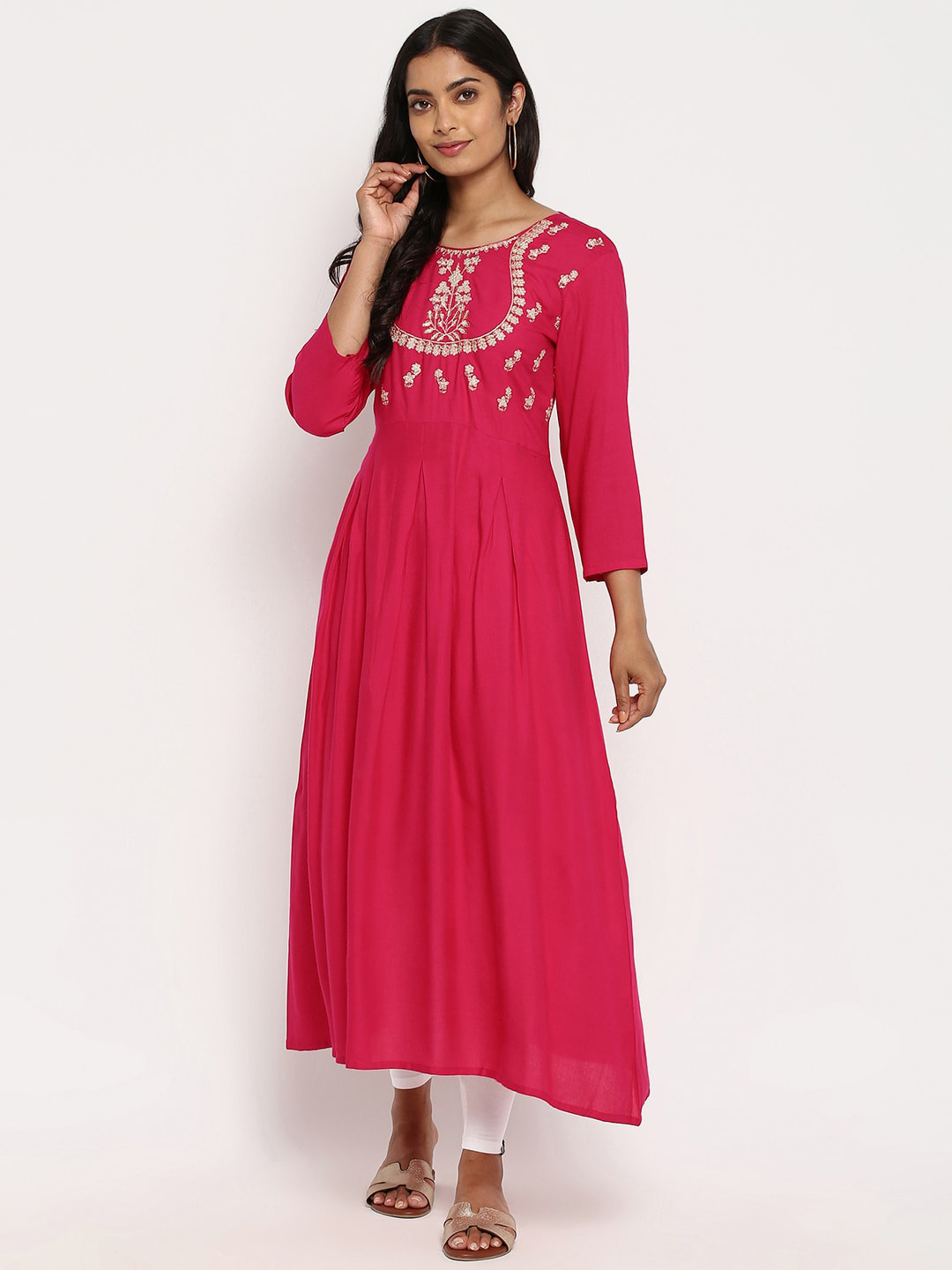 

R&B Women Pink Floral Embroidered Flared Sleeves Thread Work Anarkali Kurta