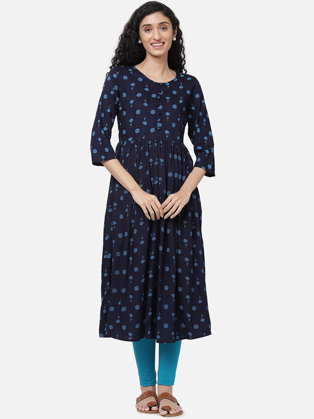 

R&B Women Navy Blue & Blue Floral Embroidered Thread Work Floral Anarkali Kurta