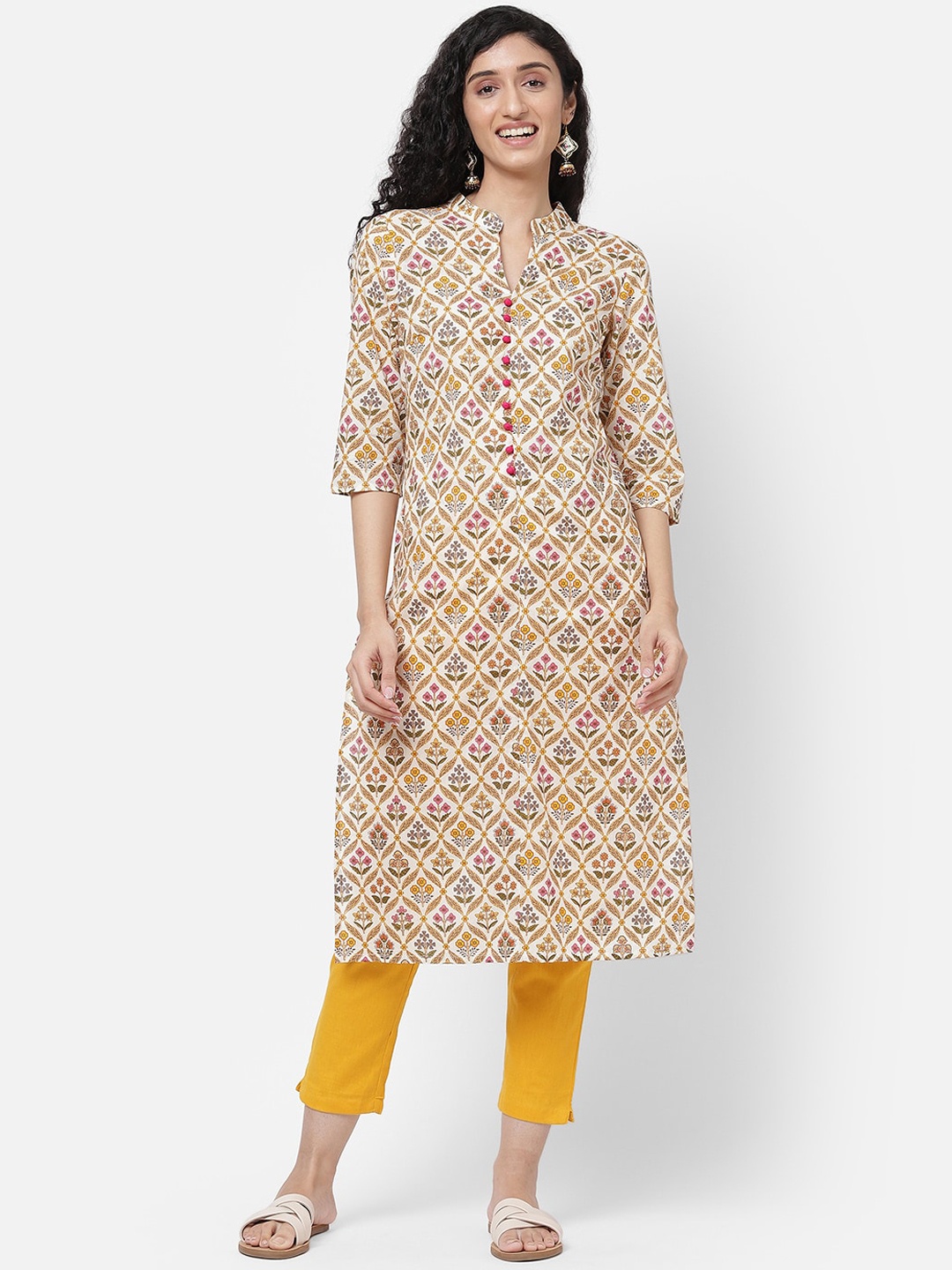 

R&B Women White & Yellow Geometric Printed Floral Kurta
