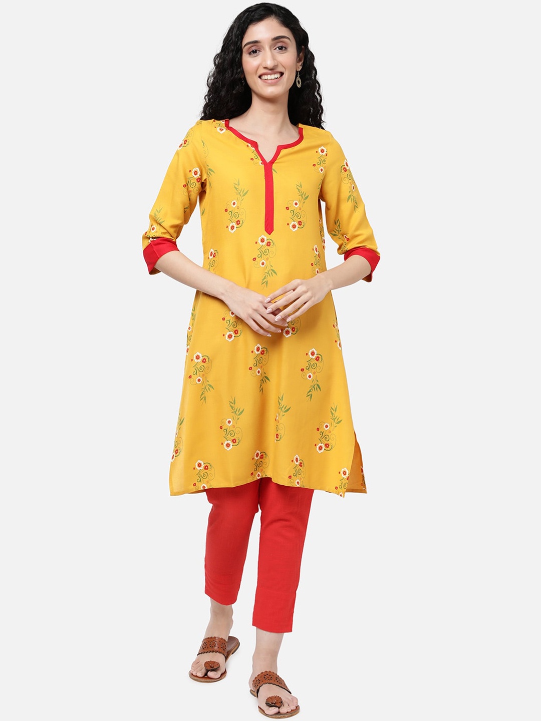 

R&B Women Yellow Embroidered Thread Work Kurta