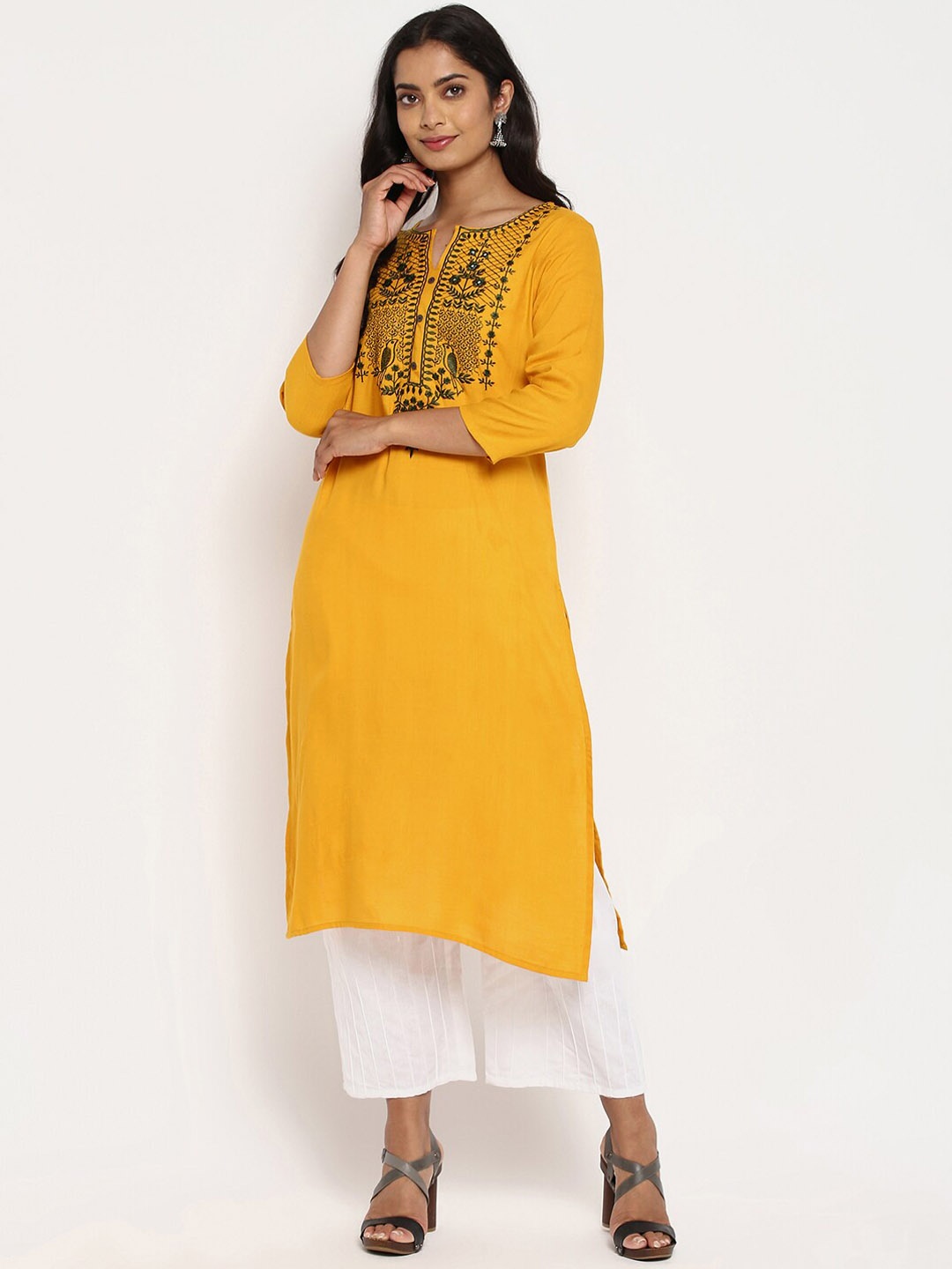 

R&B Women Yellow Embroidered Thread Work Kurta