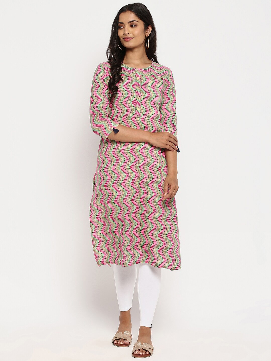 

R&B Women Green Geometric Striped Thread Work Kurta