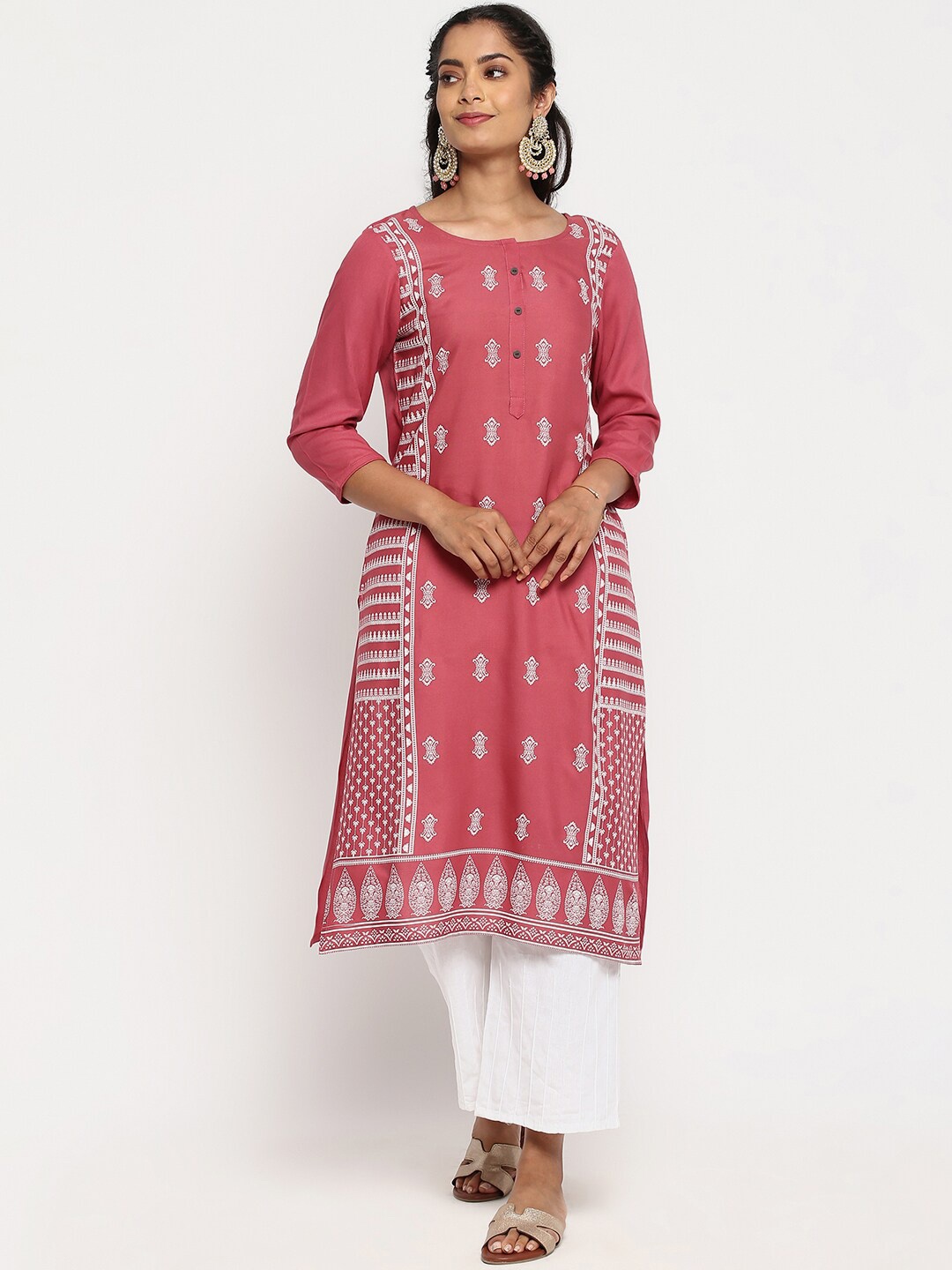 

R&B Women Pink & White Ethnic Motifs Printed Pastels Kurta