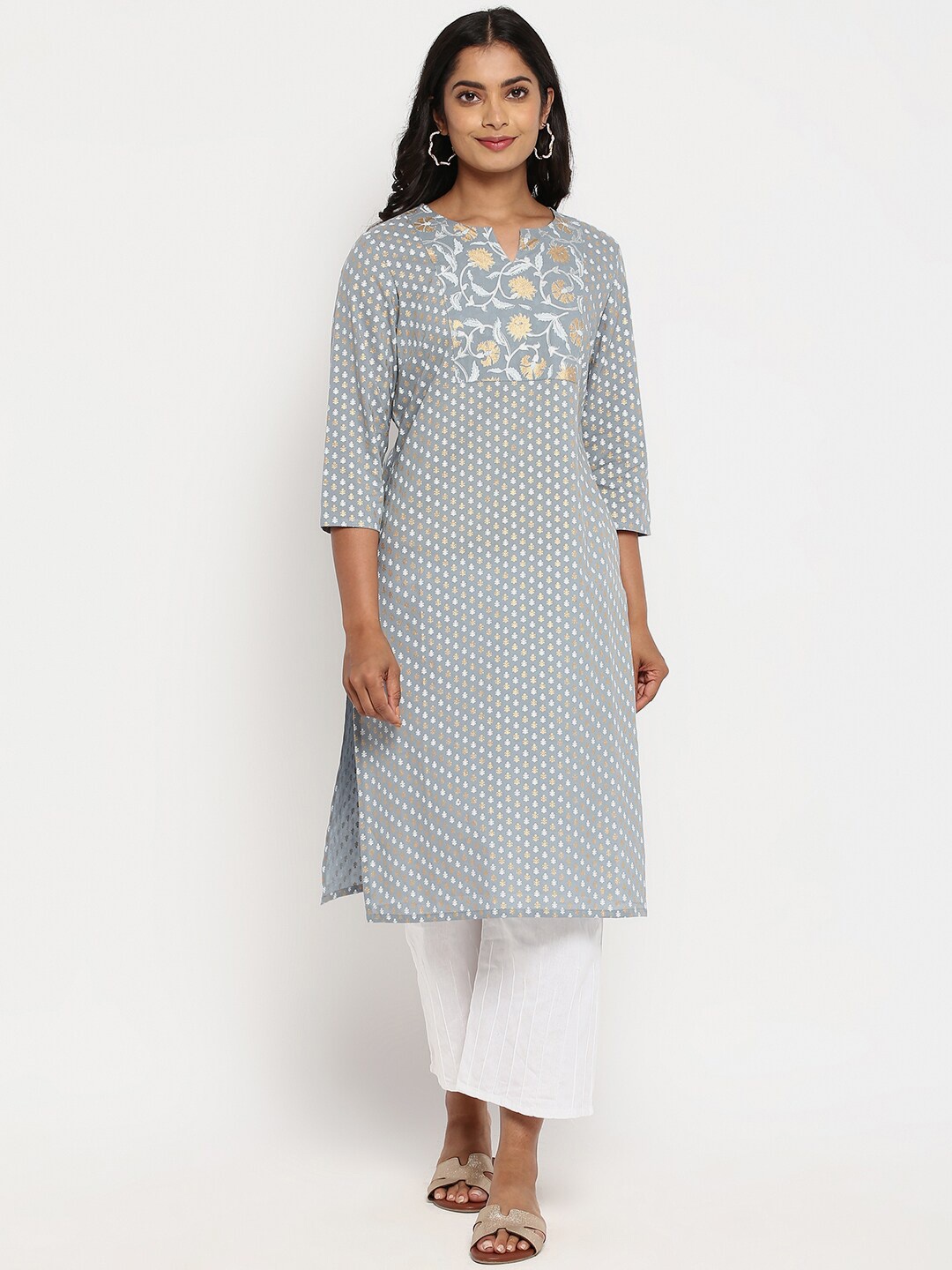 

R&B Women Grey Geometric Striped Thread Work Kurta