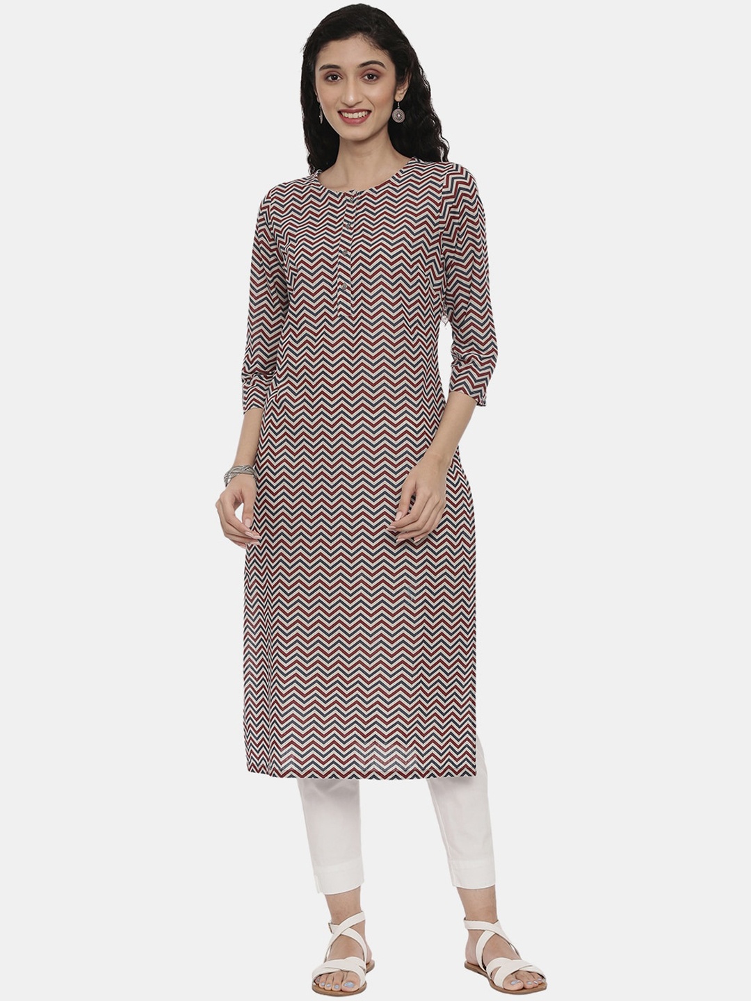 

R&B Women White & Brown Geometric Striped Kurta