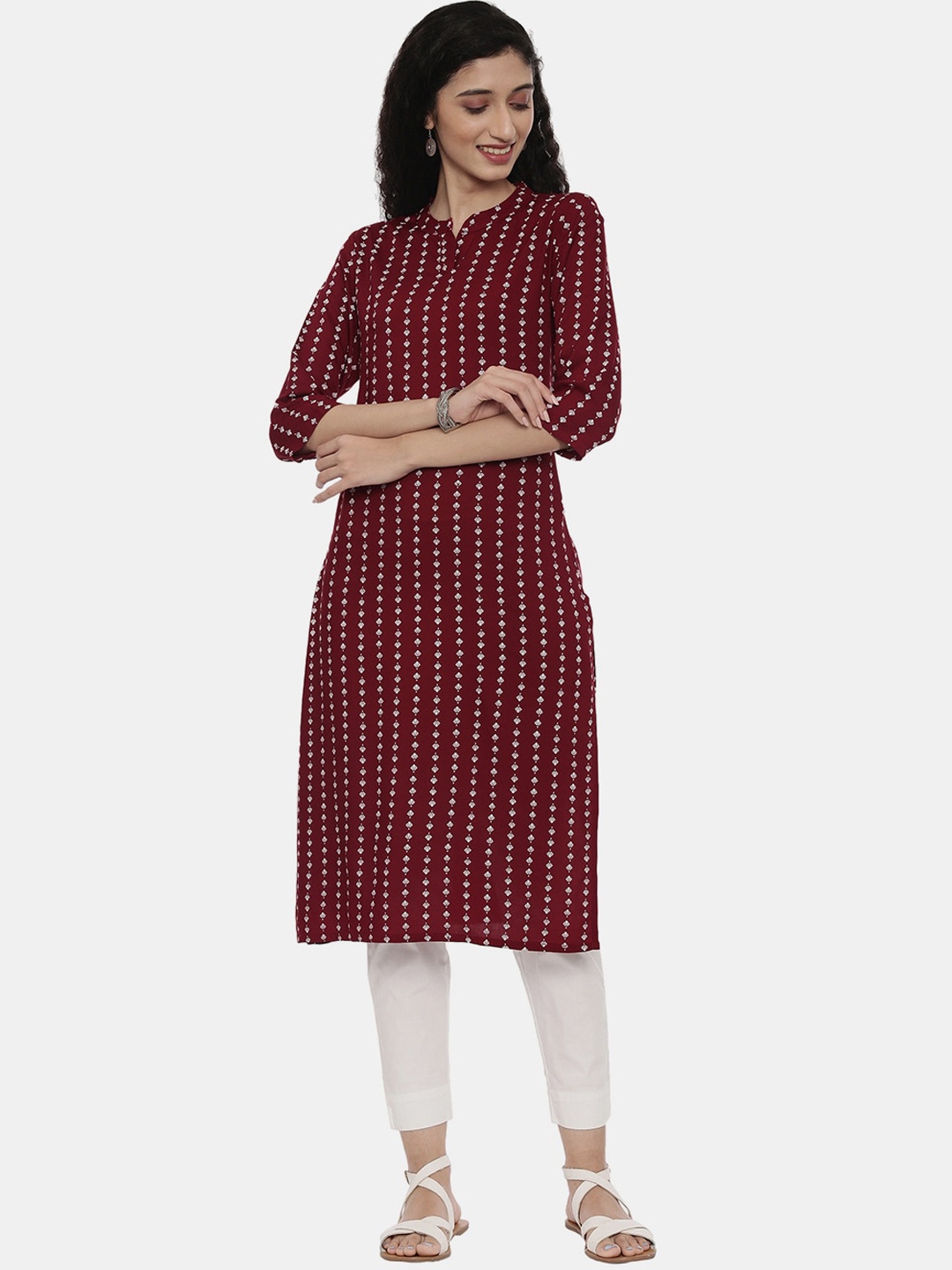 

R&B Women Maroon Geometric Striped Thread Work Kurta