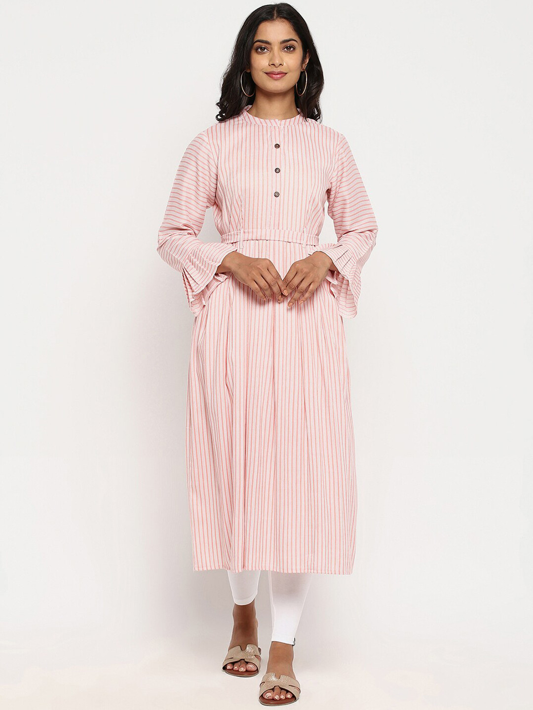 

R&B Women Pink Striped Bell Sleeves Anarkali Kurta