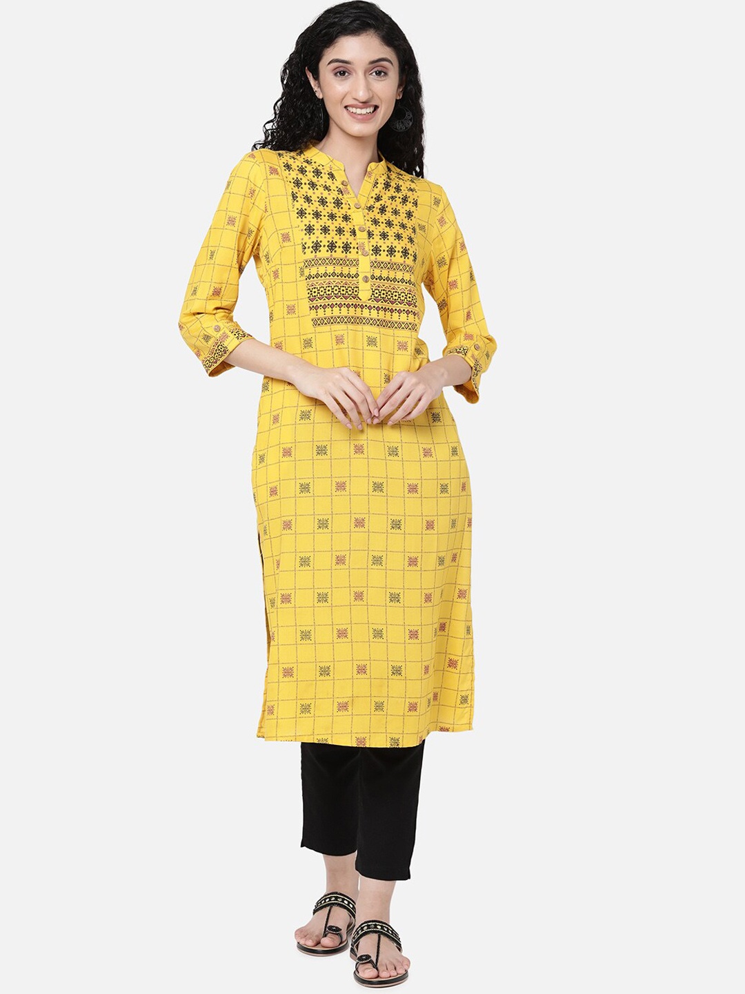 R&B Women Yellow Floral Printed Mirror Work Kurta