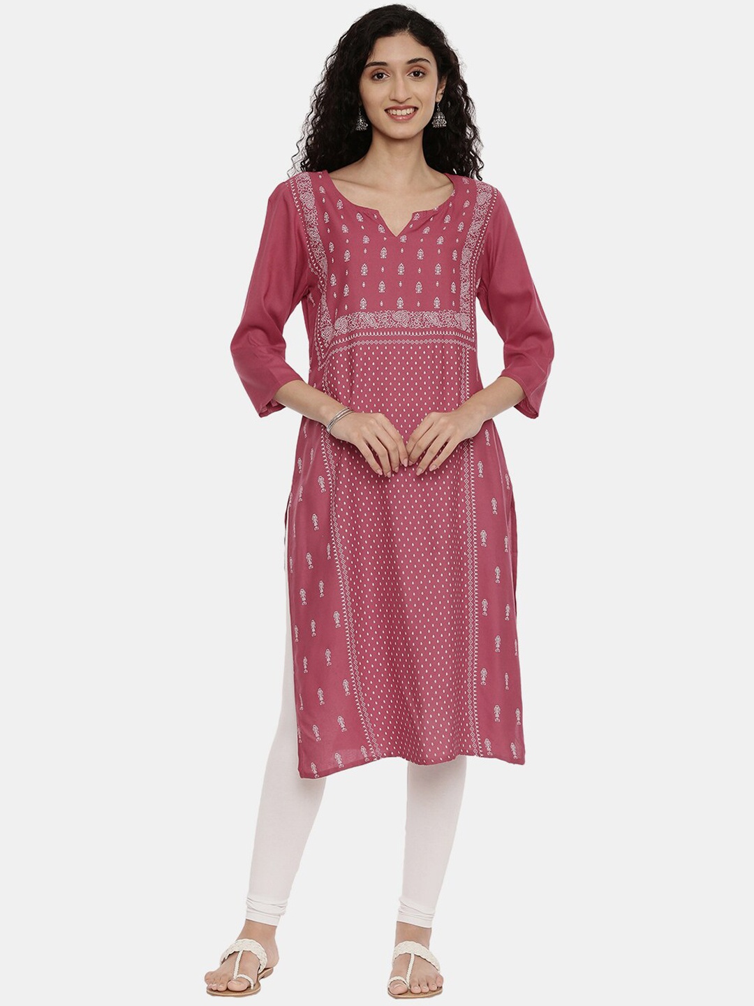 

R&B Women Pink Ethnic Motifs Printed Thread Work Kurta