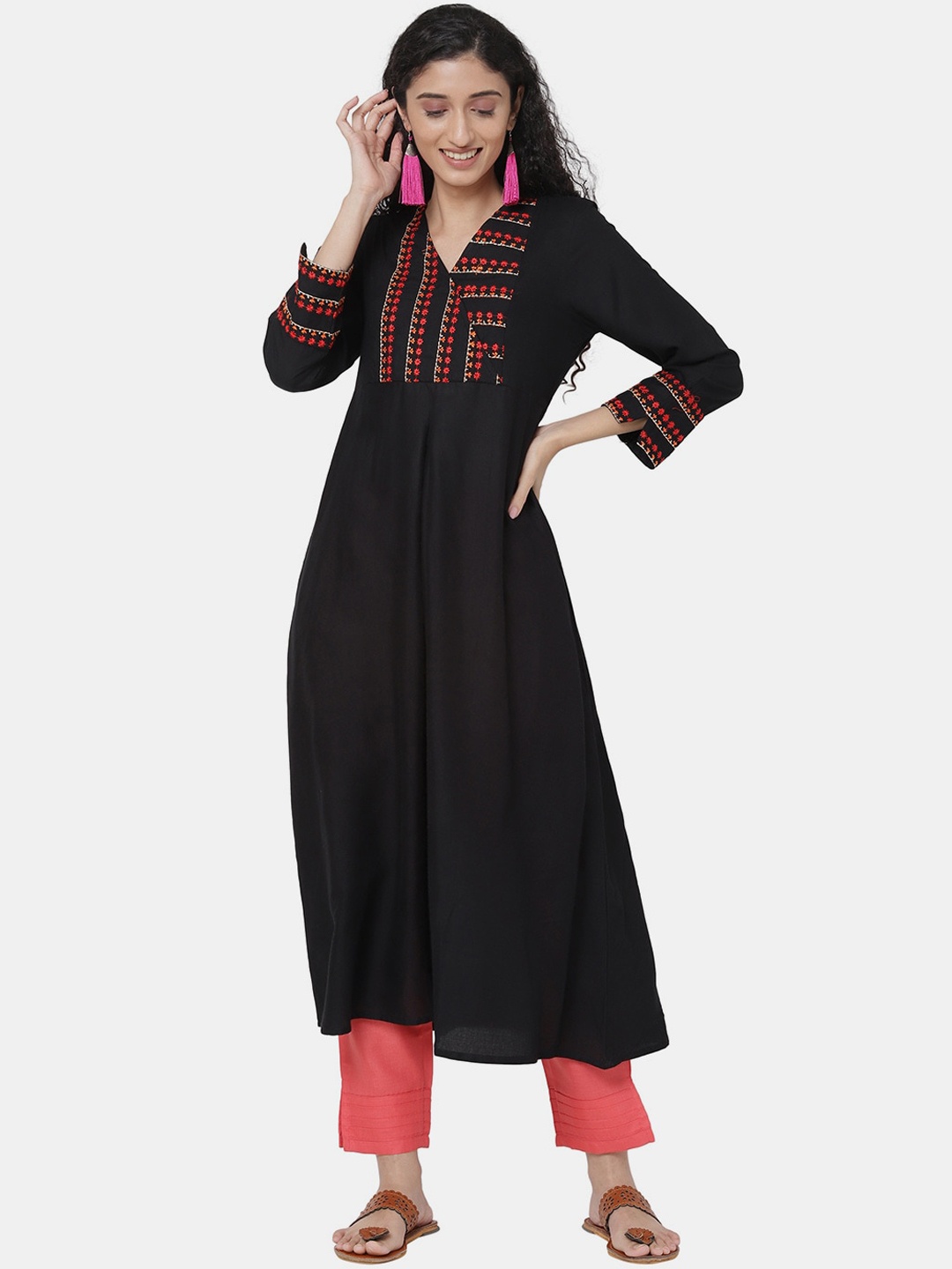 

R&B Women Black Embroidered A-Line Kurta